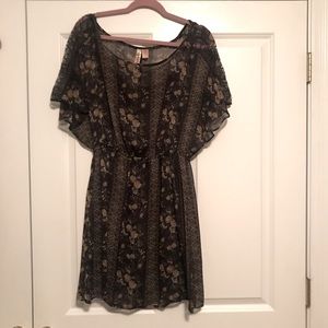 Short-sleeve Blue and Tan Floral Fall Dress